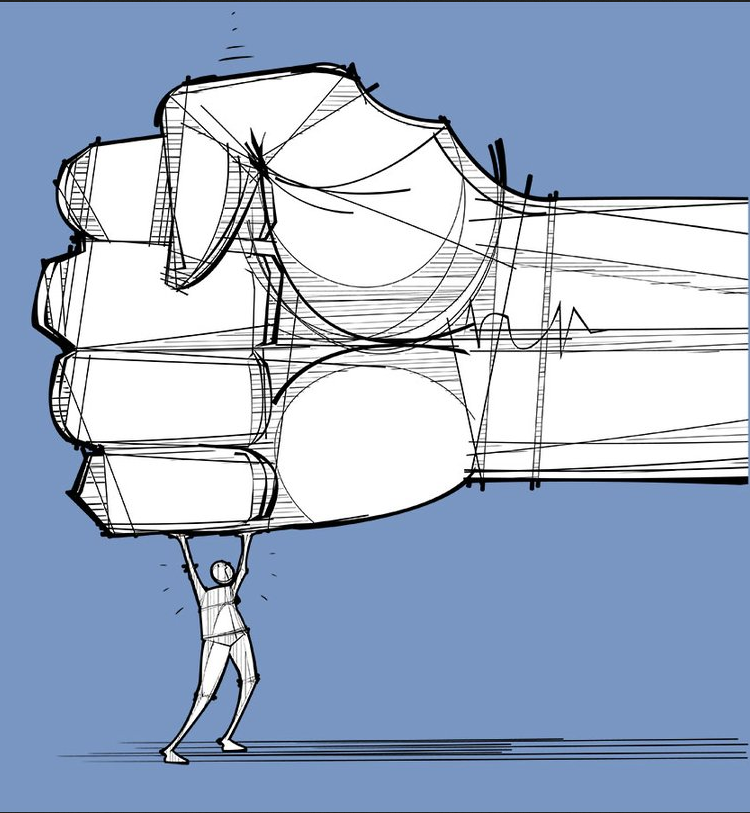 A giant drawn fist pushing down on a miniature humanoid figure, also drawn