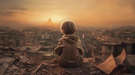 A child sitting in the middle of a wrecked city, seems AI generated