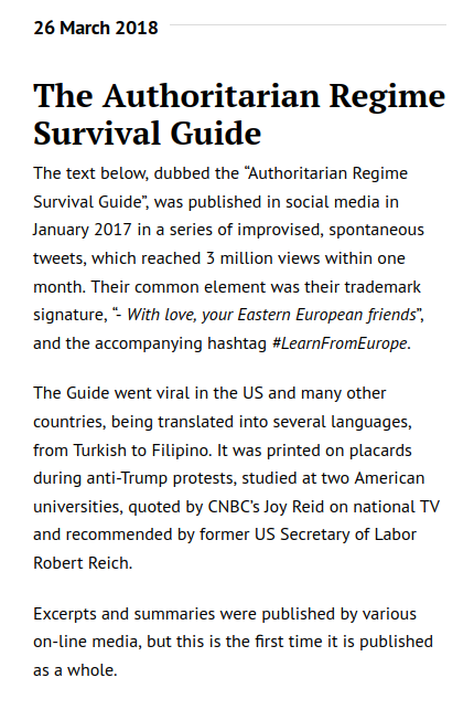 A screenshot of the beginning of The Authoritarian Regime Survival Guide